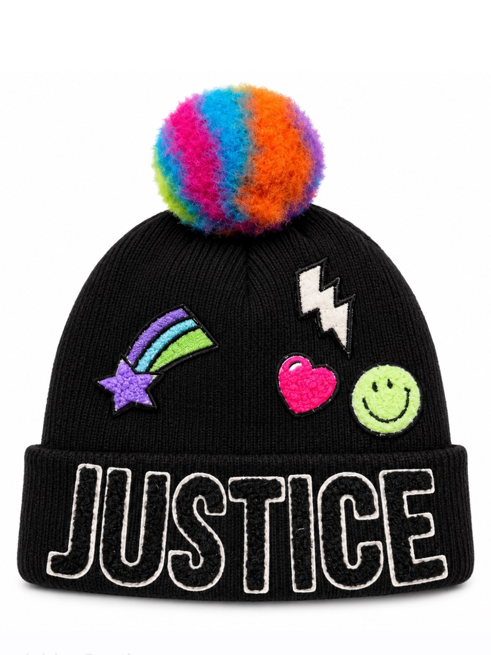 Justice Black Beanie Hat with Rainbow Pom Pom and Colorful Patches – Girls GUC